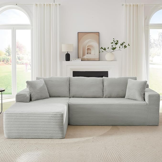Cloud Sectional Couch 105 Inch Modular Sectional Sofa with Deep Seat Corduroy Boneless Couches with L-Shape Chaise for Living Room Bedroom Left Facing Chaise No Assembly Required (Light Grey)