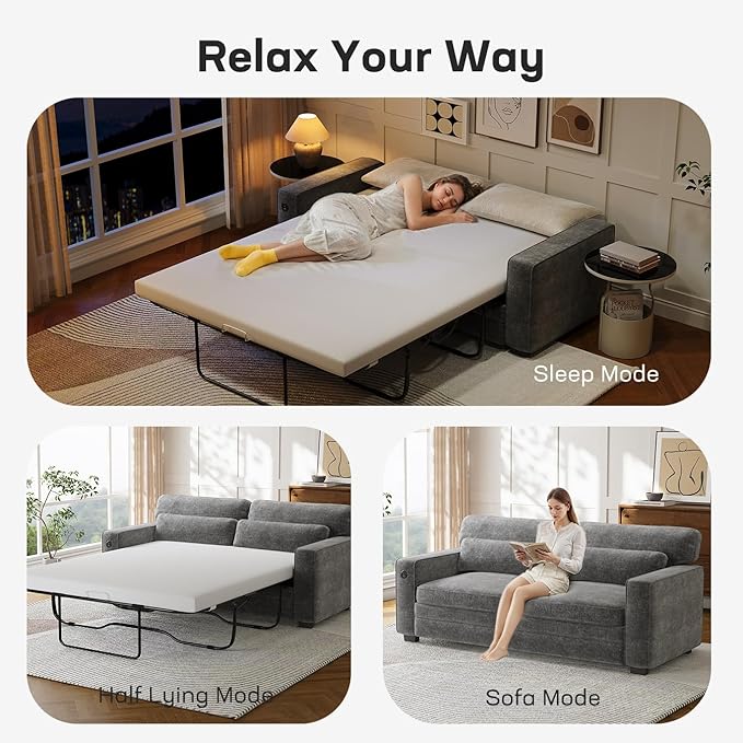 Marsail Pull Out Sofa Bed Queen Size Sleeper Sofa with Memory Foam Mattress 2 USB Charging Ports &amp Removable Covers Chenille Loveseat Couch for Living Room Apartment Light Grey