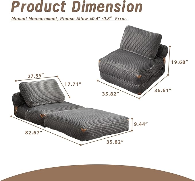 Folding Sofa Bed Convertible Sleeper Chair with Pillow Foldable Mattress Lounge Chair for Living Room Bedroom Portable Guest Bed Dark Grey