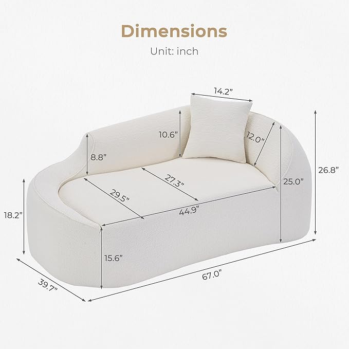 68 Curved Loveseat Sofa Modern Chenille Floor Couch with Pillow No Assembly Deep Seat Chaise Lounge for Bedroom Apartment Living Room Milky White