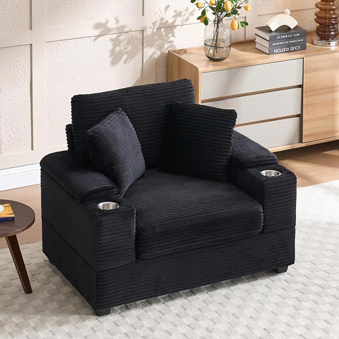 KEIKI Oversized Accent Chair with Ottoman Chaise Lounge Chair Indoor with Handrail Storage Cupholders Oversized Sofa Bed Deep Seat Sleeper Couch Reading Chairs for Living Room Black