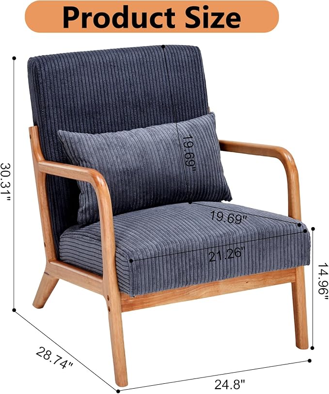 Mid Century Modern Accent Chair with Waist CushionComfy Upholstered Lounge Chair Ergonomic Reading Chair with Solid Rubberwood Frame for Living Room Bedroom (Antique Dark Grey)
