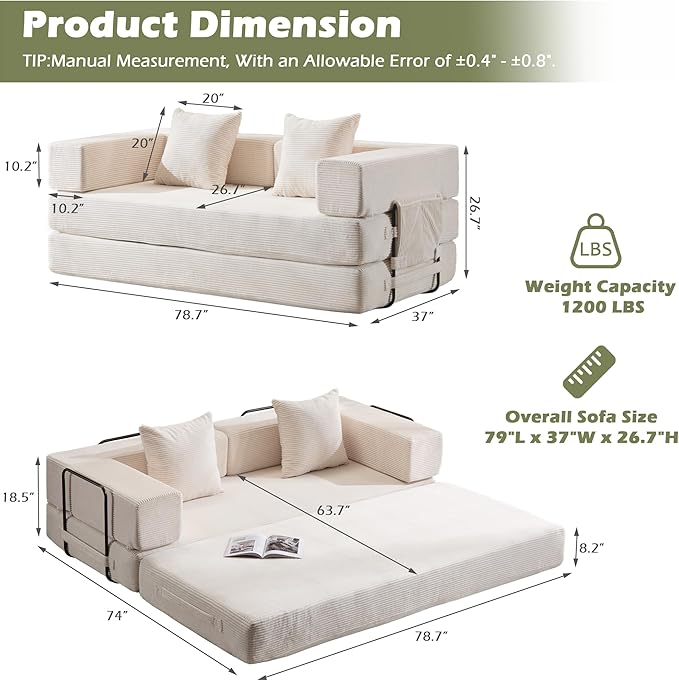 4 in 1 Convertible Sleeper Sofa Bed78’’ Compression Folding Sofa Bed with Pillows &amp Side Pockets Fold Out Floor Couch Boneless Couch for Living RoomBedroomWhite