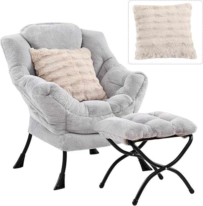 Lazy Chair with Ottoman Large Light Grey Accent Chair with Ottoman and FA Throw Pillow Comfy Plush Reading Chair for Living Room Bedroom Dorm Room Office Apartment Relaxing Use