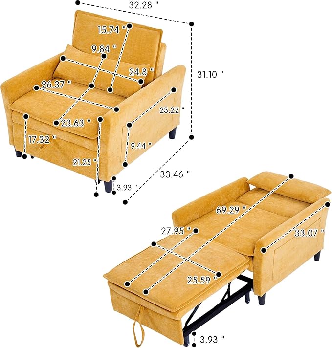 Sleeper Chair Pull Out BedChenille 3 in 1 Convertible Sleeper Couches Single Sofa Chair with Adjustable Backrest for Living Room Bedroom Small Spaces (Mustard Yellow)