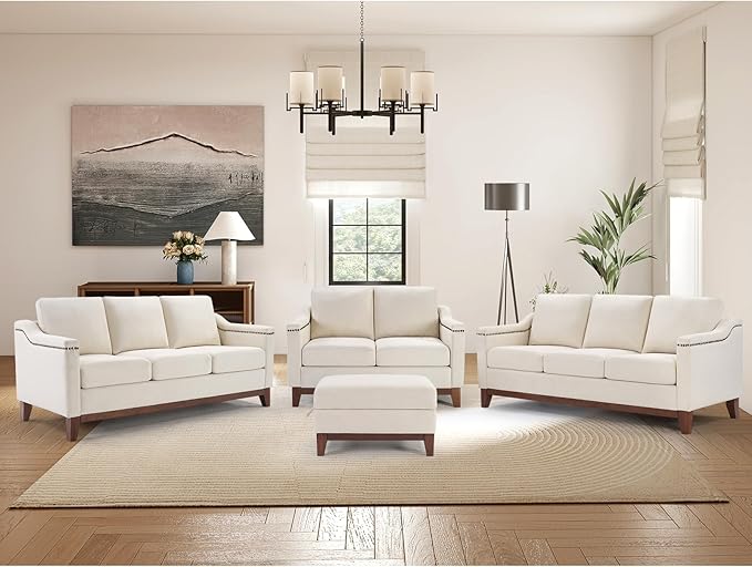 Modern 4 Piece Sofa Set with Rivets Included Upholstered Loveseat 2-Seater CouchesChenille 3 Seater Couch with Solid Wood Legs Storage Ottoma Living Room Furniture SetBeige