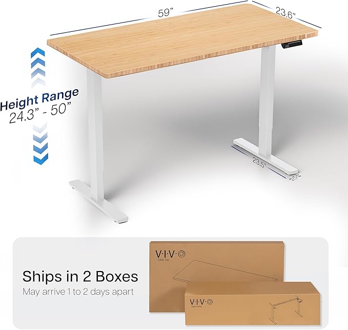 VIVO Electric 60 x 24 in Dual Motor Sit Stand Desk Memory Height Adjustment 2B Series Bamboo Top White Frame DESK-KIT-2W6O