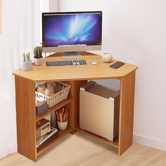 Corner Desk for Small Spaces Home Office Computer Desk with Shelves Gaming Desk Corner Table for Work Writing Desk Triangle Desk Office Desk Spacious Desktop Light Brown