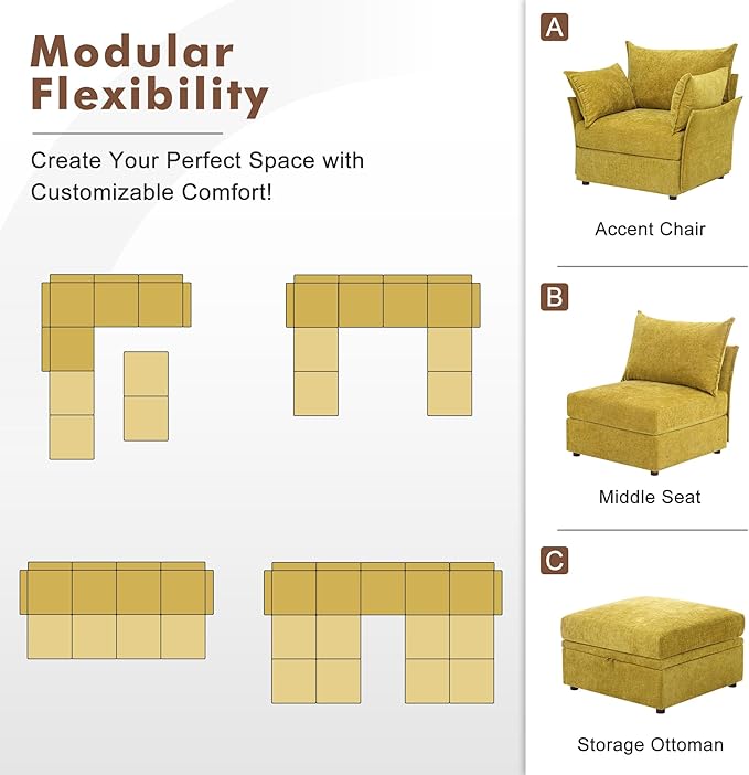 ABCASA Modular Sectional Sofa Couch Seat Base Yellow