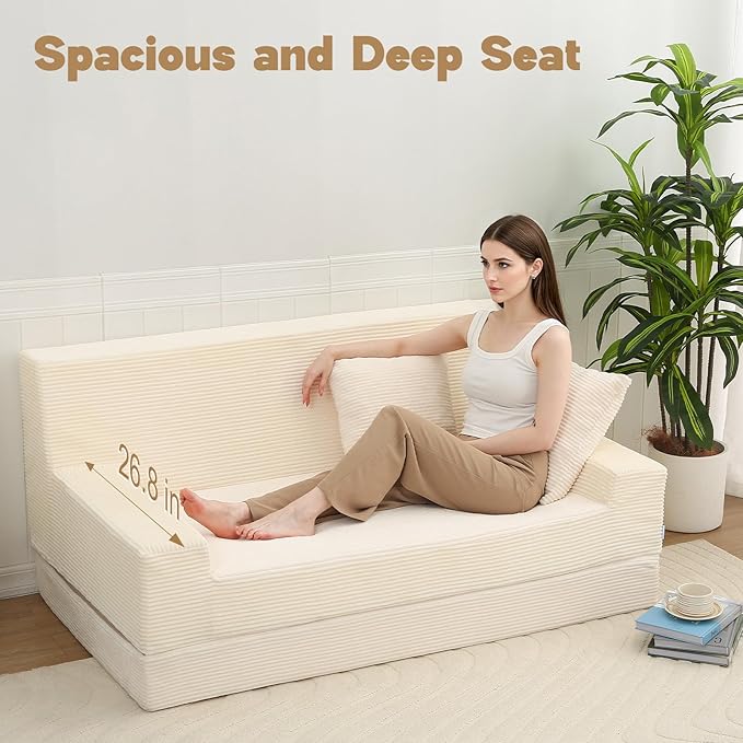 MeMoreCool Boneless Folding Queen Sofa Bed – Corduroy Convertible Futon Sleeper Couch with Foam Core &amp Pillow Washable Cover Space-Saving Floor Sofa for Living Room Guest Bedroom Apartment