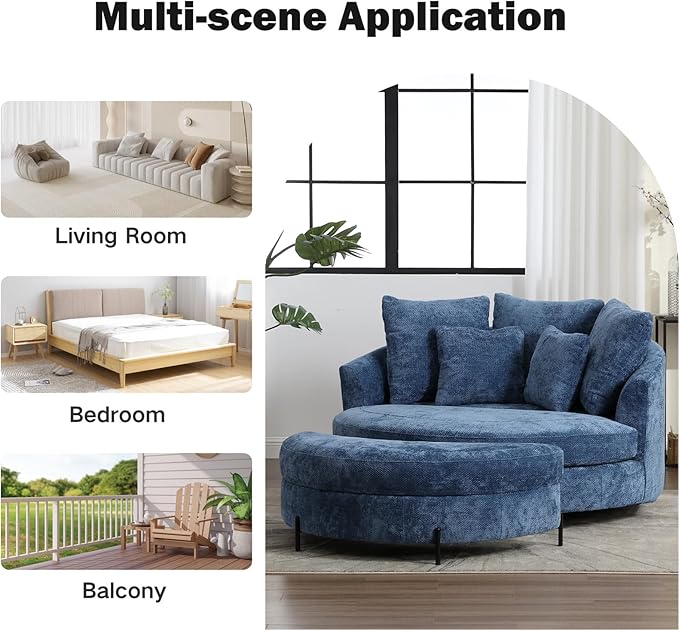 Chifee &amp Vingol 59.8 W Oversized Accent Barrel Chair Large Round Chair with Ottoman &amp Movable WheelsBlue