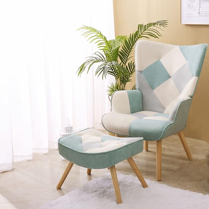 Living Room Chair and Footstool Set Comfortable Side Armchair in The Bedroom with a Creative Patchwork Fabric Surface. (Blue + Solid Wood)