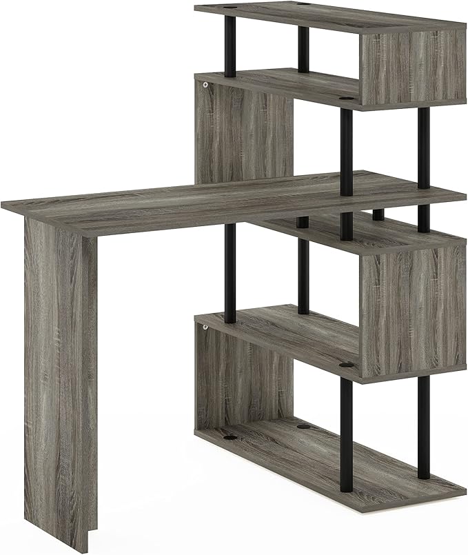 Furinno Moore L-Shape Computer Desk with 5-Tier Shelves French Oak