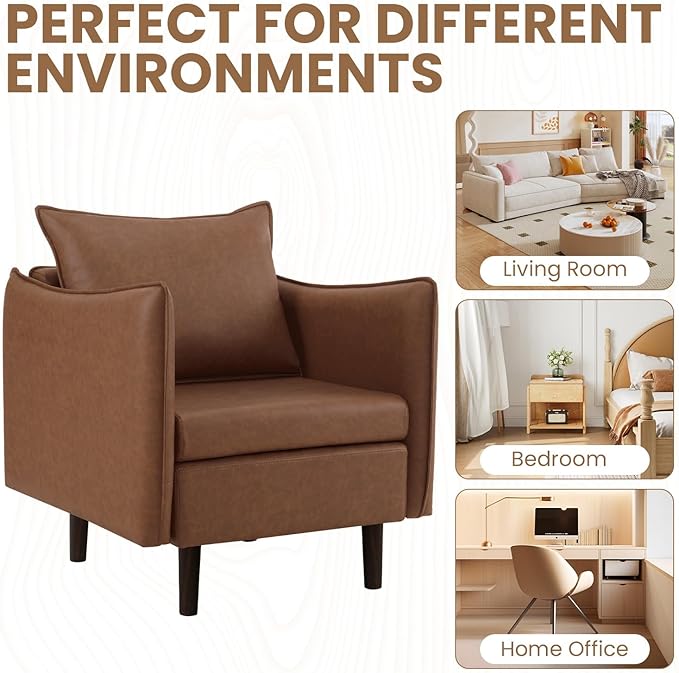 MOJAY PU Leather Accent Chairs Mid-Century Modern Upholstered Armchair Club Sofa Chair with Sturdy Legs for Living Room Bedroom Reception (Brown)
