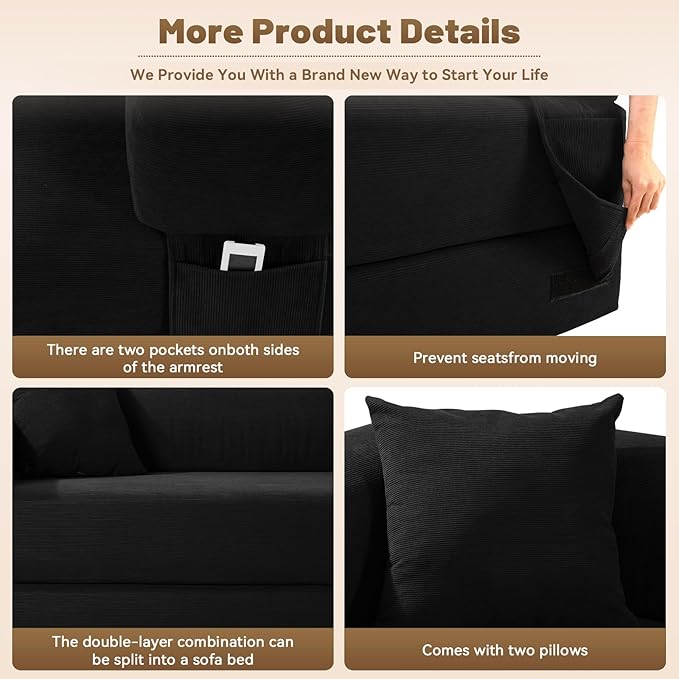 Convertible Futon Sofa Bed80 Folding Pull Out Couch with Pillows &amp Storage Pocket (Black Corduroy-30 W)