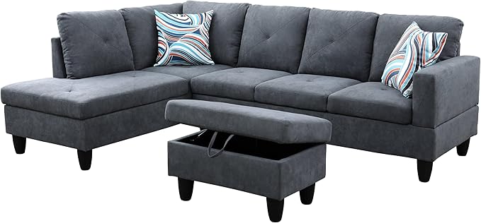 L Shaped Sectional Couches Modern Convertible Lounge Sofa with Ottoman Storage Comfy Modular Sectional Sofa for Living Room Furniture Sets Small Spaces Bedroom Grey A