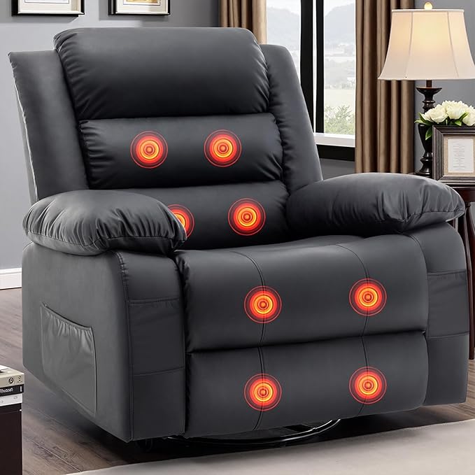Recliner Chair Wide Rocker Chair Pet-Friendly Design Large Rocking Chair with Massage and Heat360°Swivel Nursery Rocking Chair Oversized Recliner for Adults Black Reclining Sofa for Living Room