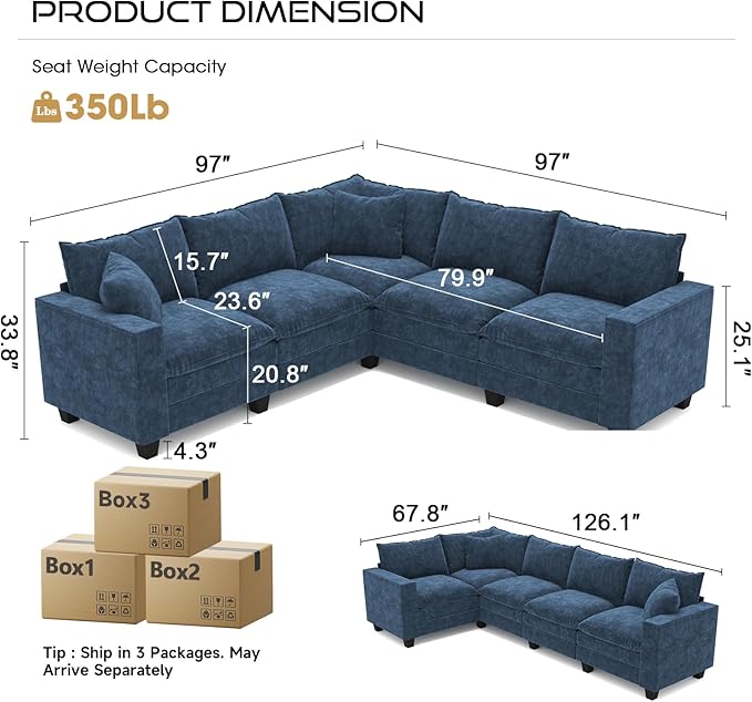 97 L Shaped Sectional Couch Comfy Chenille Cloud Couch 5 Seat Modular Cloud Sofa with 2 Pillows &amp Storage Armrests Convertible V Shaped Corner Couch Sectional Couches for Living Room Blue