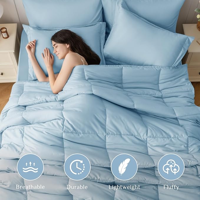 JOLLYVOGUE King Comforter Set Ultra-Soft Bed in a Bag King Size 7 Pieces Oeko-TEX Certified Bedding Set with Down Alternative Comforter Sheets Pillowcases &amp Shams Lake Blue