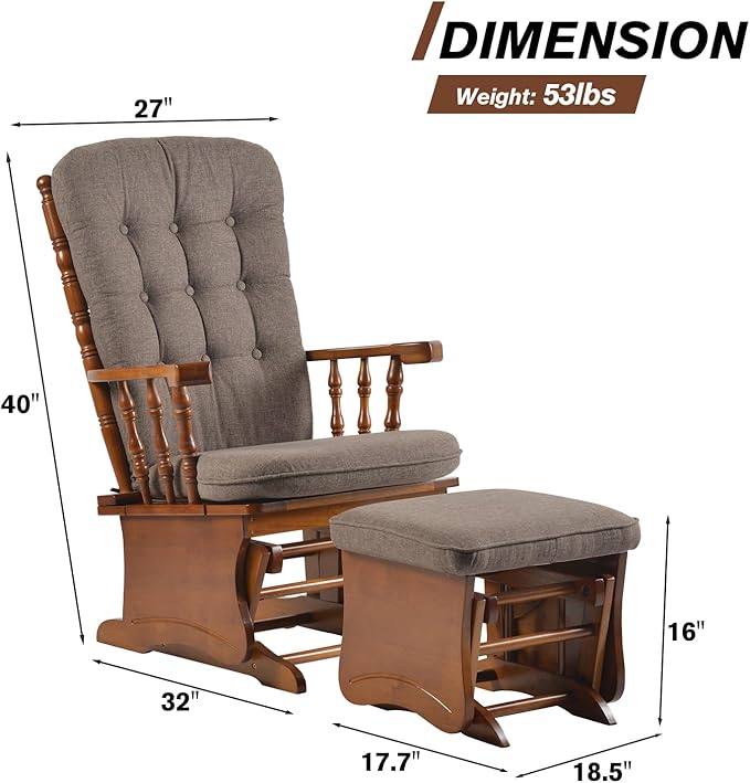 Anti-Pinch Solid Wood Hand Glider Rocking Chair Set with Ottoman with Padded Cushion Rustic Rubber Wood Nursery Glider for Nursing Relaxing Living Room Bedroom Oak Colored