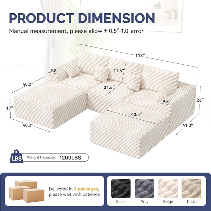 113 U-Shaped Boneless Couch Modern Modular Sectional Sofa with Deep Seat Convertible Corduroy Cloud Couches for Living RoomBeige1 PCS