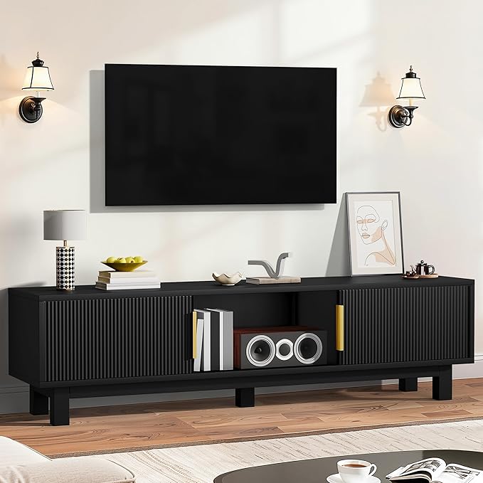 DWVO Fluted TV Stands for Living Room Entertainment Center for TVs up to 65 Inch Mid Century Modern Media Console with Power Outlets &amp Storage Compartments 59 Long TV Cabinet Black