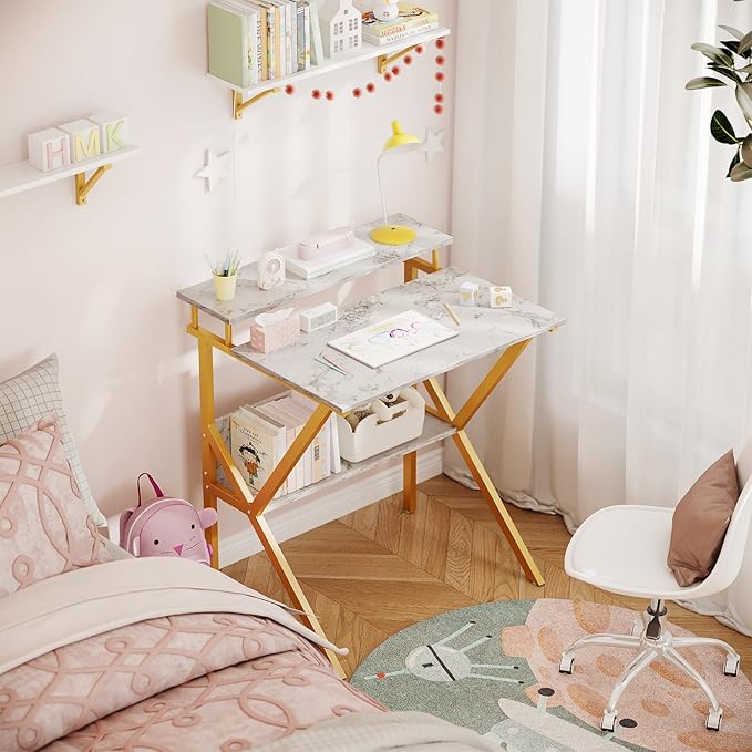 ODK Small Desk 27.5 Inch Computer Desk for Small Spaces Kids Desk with Storage Study Table with Monitor Stand for Homeschool White Marble + Gold Leg