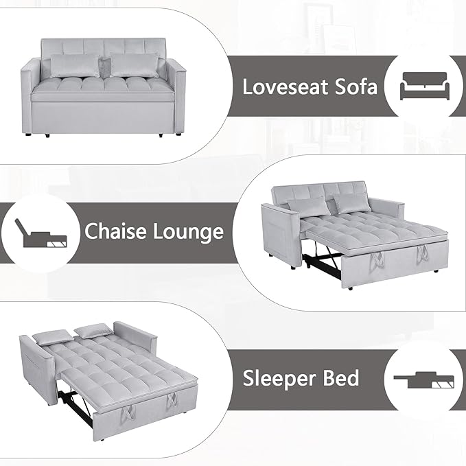 54 Convertible Sofa Bed Velvet Sleeper Sofa with Pull-Out Bed 3-in-1 Futon Couch with Reclining Backrest and Side Pocket Modern Loveseat for Living Room (Silver Grey)