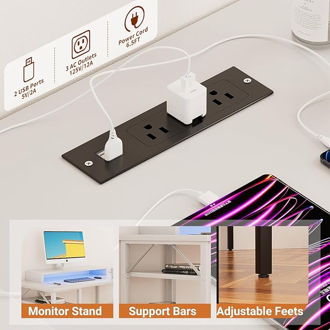 Unikito Reversible L Shaped Computer Desk with Power Outlets and Monitor Stand Sturdy Corner Desk with RGB LED Light and Storage Shelves Modern Work Desk for Home Office Easy to Assemble White