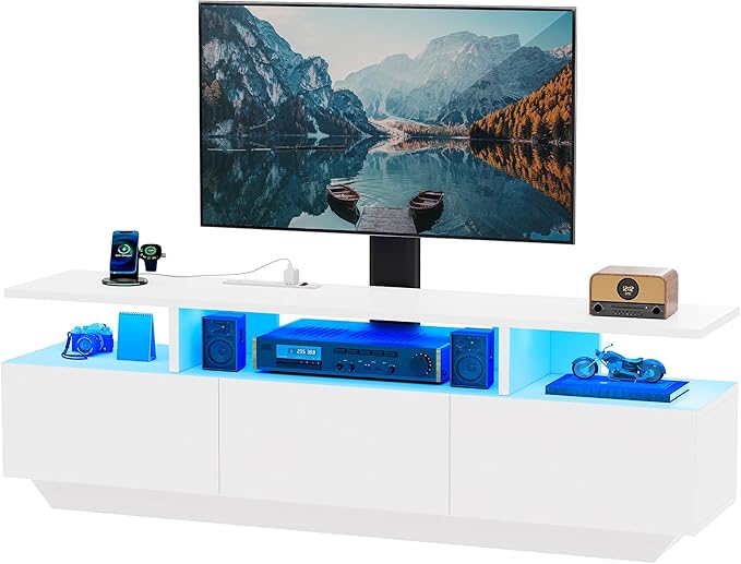 YITAHOME Modern TV Stand with Mount Entertainment Center with Power Outlet for 65 inch TVs LED Lights TV Console with Storage for Living Room White