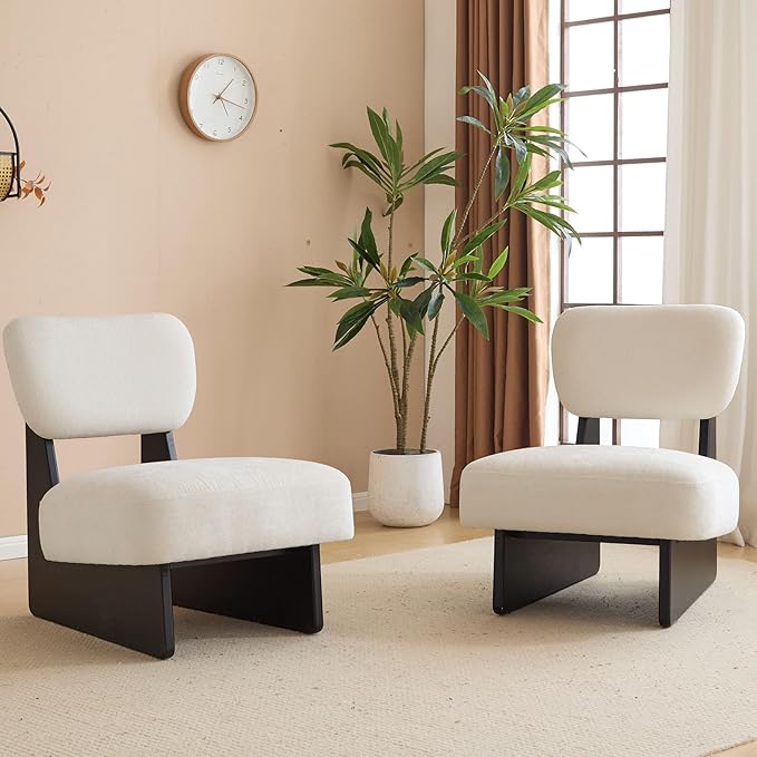 Set of Two Accent Chairs Chairs Living Room Set of 2 - Comfortable Accent Chair with Soft Upholstery Armless Chair with Wood Base for Small Spaces Living Room Bedroom (Black+White)