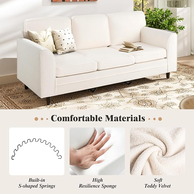 Giantex 3 Seater Couch - 79” Mid Century Modern Upholstered Sofa with Armrests Sturdy Legs Teddy Fleece Comfy Couches for Living Room Bedroom Small Space Apartment and Office (White)