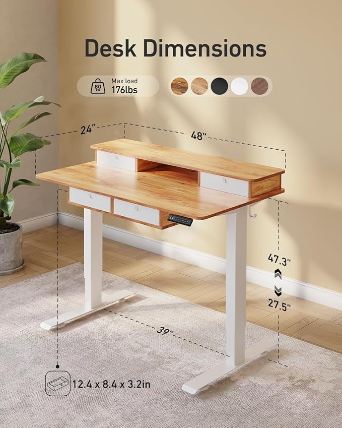 FEZIBO 48 x 24 inch Standing Desk with Drawers Height Adjustable Electric Workstation Computer Sit Stand Up Table with Large Storage Shelf 4 Drawers and 2 Hooks Light Rustic Brown