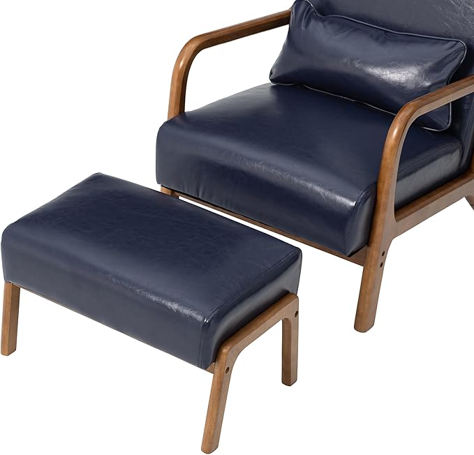 Glitzhome Accent Chair and Foot Stool Set Leatherette Armchair with Walnut Rubberwood Legs and High Back Footrest Ottoman for Living Room Lounge Navy Blue