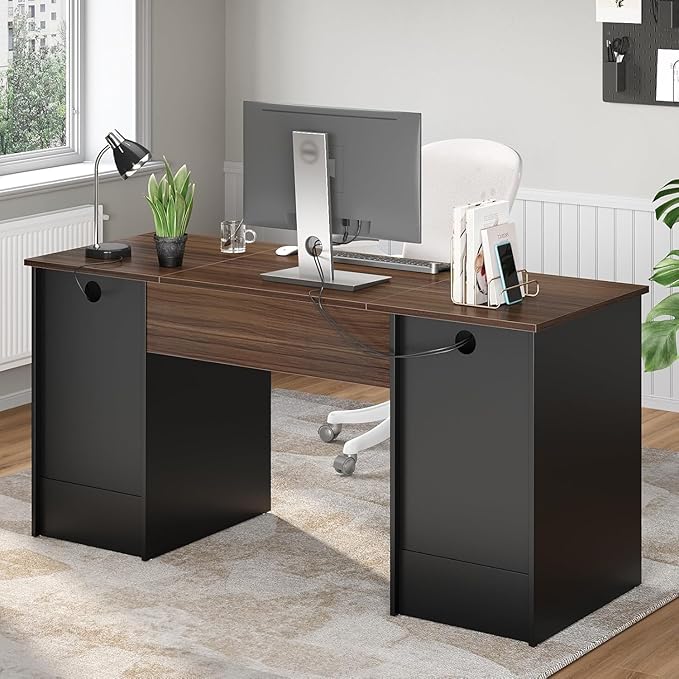 Bestier 59” Computer Desk with 4 Drawers Office Desk with Storage Industrial Executive Desk with File Drawer Keyboard Tray &amp 2 Pedestals for Home Office &amp Studio Cherry