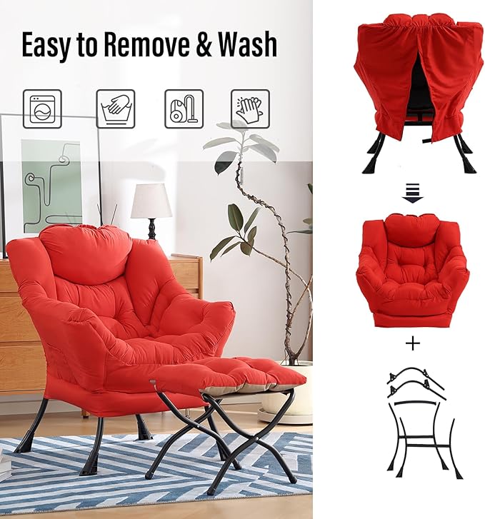Lazy Chair with Ottoman Modern Accent Chair with Armrests and a Side Pocket Red Accent Chairs Comfortable Reading Chairs Oversized Armchairs for Bedroom Study Living Room Courtyard