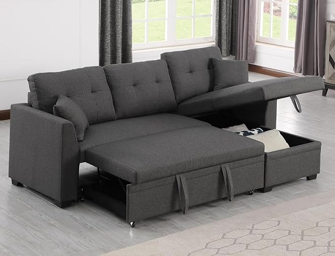 83 L-Shaped Sleeper Sectional Sofa with Storage Chaise &amp Cup Holders – Pull-Out Convertible Bed 3-in-1 Space-Saving Design for Apartments Modern Linen Fabric Easy Assembly