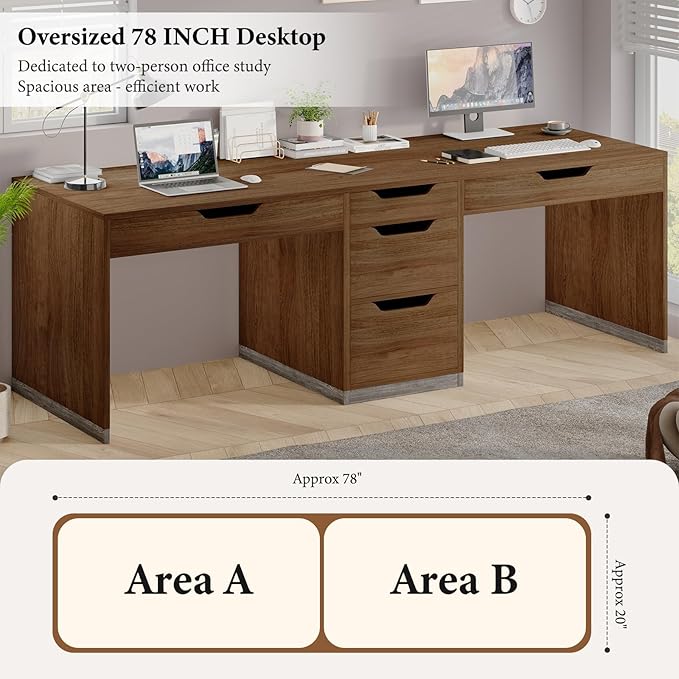 Two Person Desk with 5 Drawers Double Desk with Storage for 2 People 78 Inch Extra Long Computer Desk Workstation with File Drawer for Home Office Brown