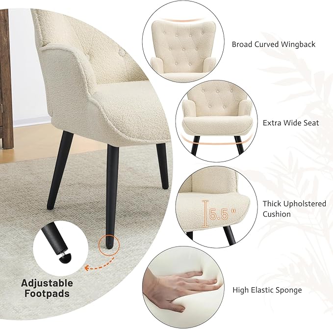 Furniliving Boucle Accent Chair for Living Room Upholstered Reading Chair with High Backrest Tufted-Button Wingback Armchair for Bedroom Dressing Room Home Office Ivory White