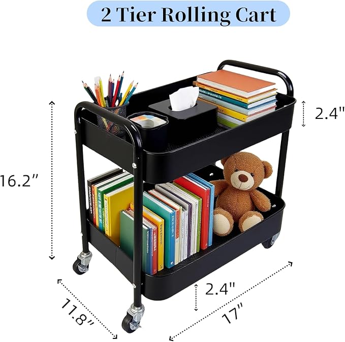 2 Tier Rolling Cart with Wheels for Under Desk Storage &amp Pantry Room Large Capacity Laundry Room &amp Makeup Organizer Sturdy Kitchen Utility Cart for Small Space with 4 Hooks Black