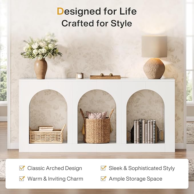 Tribesigns 70.9 White Console Table with Storage Wood Entryway Entry Table with 3 Arched Shelves for Foyer Hallway Living Room Behind Couch Sofa Narrow Long