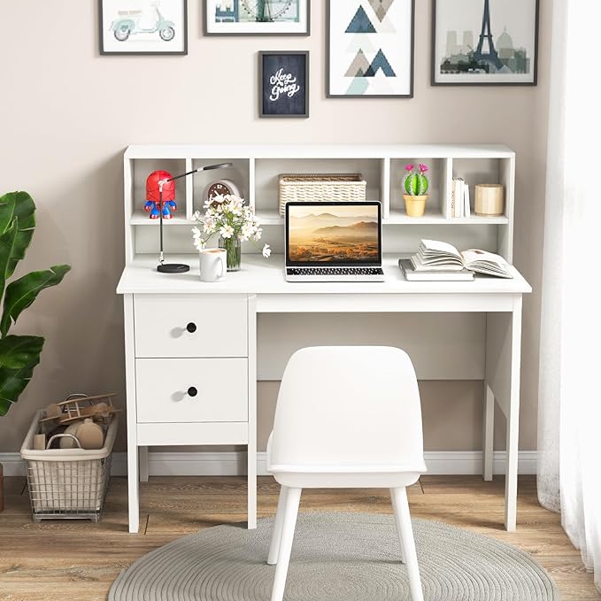 Tangkula White Desk with Drawers &amp Hutch Modern Home Office Desk Writing Study Desk with Charging Station Laptop Desk with 5 Storage Compartments Computer Workstation Makeup Vanity Desk