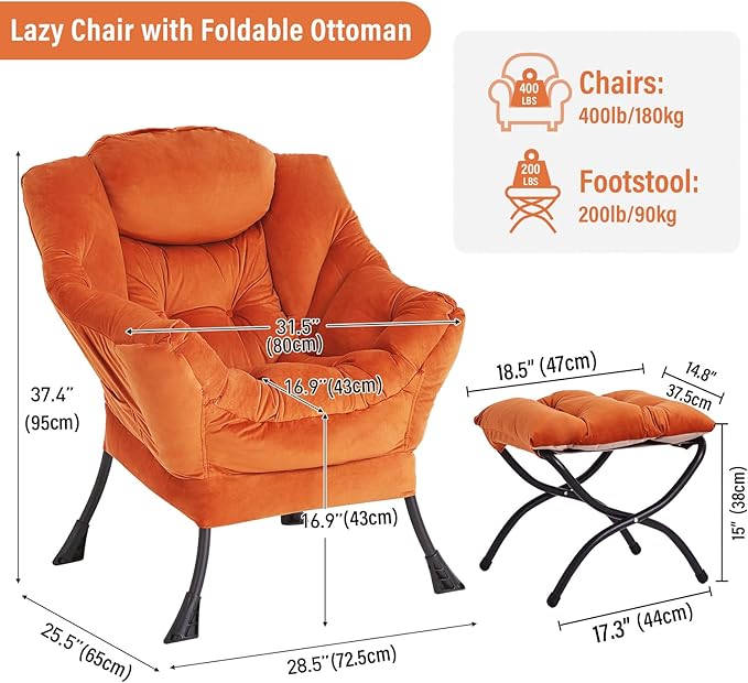 Lazy Chair with Ottoman Modern Accent Chair with Armrests and a Side Pocket Velvet Orange Accent Chairs Reading Chairs Oversized Armchairs for Bedroom Study Living Room Courtyard