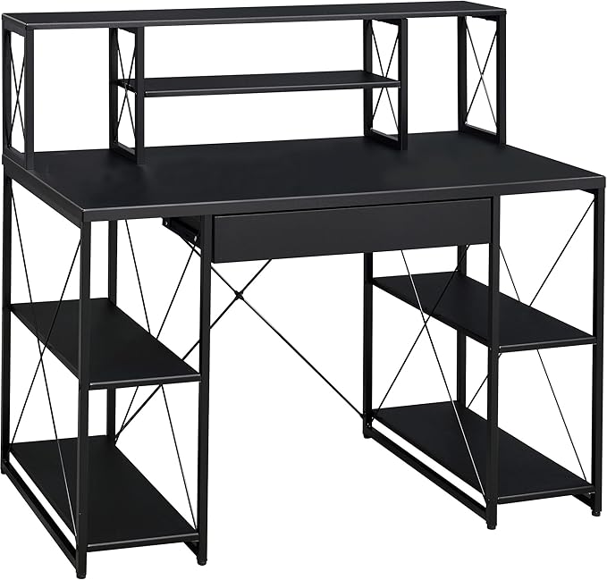 Penau Black Office Desk with Open Shelves and Hutch Writing Desk with Metal Frame Sturdy Surface for Studio Equipment 1 Drawer 8 Open Compartments