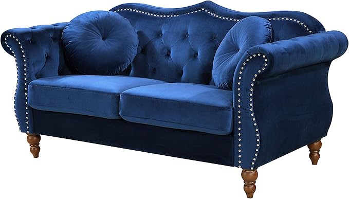Anna1 Chesterfield Velvet Couches for Living Room Button Tufted Luxury Upholstery with Rolled Arms High-Density Foam Durable Wood Frame 65.5 Loveseat Blue Mist