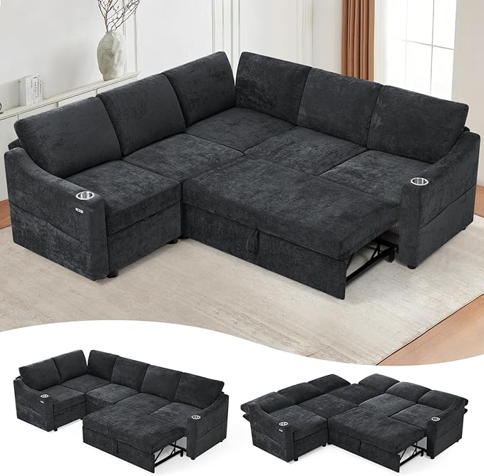 84 Chenille Modular Sleeper Sofa with Adjustable Backrests Convertible Corner Sofa with USB Ports L-Shape Sectional Couch with Pull-Out Bed &amp Storage Space for House Living Room Black
