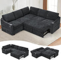 84 Chenille Modular Sleeper Sofa with Adjustable Backrests Convertible Corner Sofa with USB Ports L-Shape Sectional Couch with Pull-Out Bed &amp Storage Space for House Living Room Black