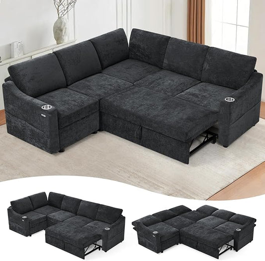 84 Chenille Modular Sleeper Sofa with Adjustable Backrests Convertible Corner Sofa with USB Ports L-Shape Sectional Couch with Pull-Out Bed &amp Storage Space for House Living Room Black