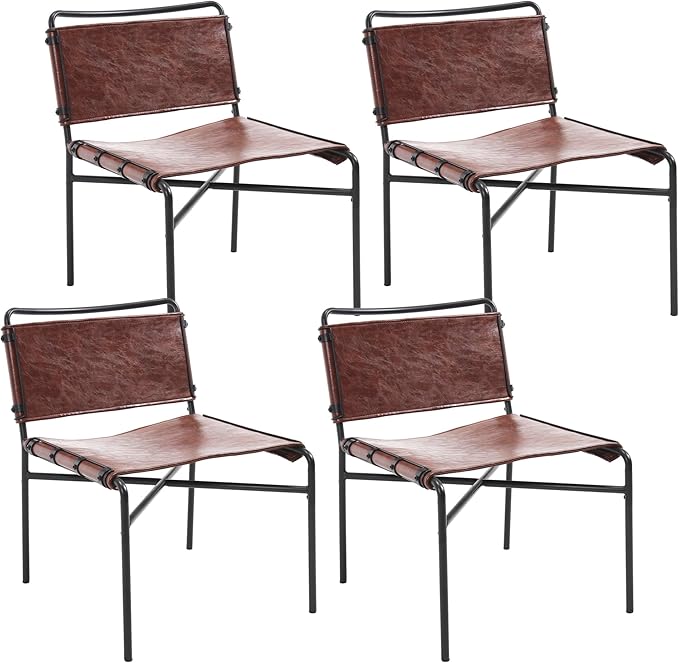 Accent Chairs Set of 4 - Mid-Century Modern Style Armless Lounge Chairs Sturdy Metal Frame Breathable and Comfortable Sling Chair for Living Room Bedroom and Small Spaces (Reddish Brown)