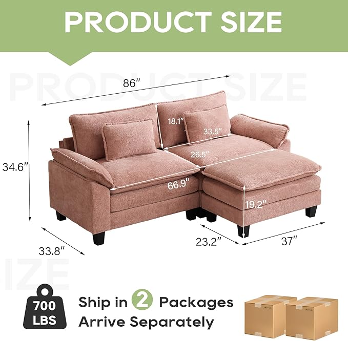 86 Modular Sectional Sofa Comfy Cloud Couch Sectional Sofa with Ottoman Chenille Sofa Sleeper Deep Seat Sofa with Throw Pillows for Living Room (Pink 86- L Shape)